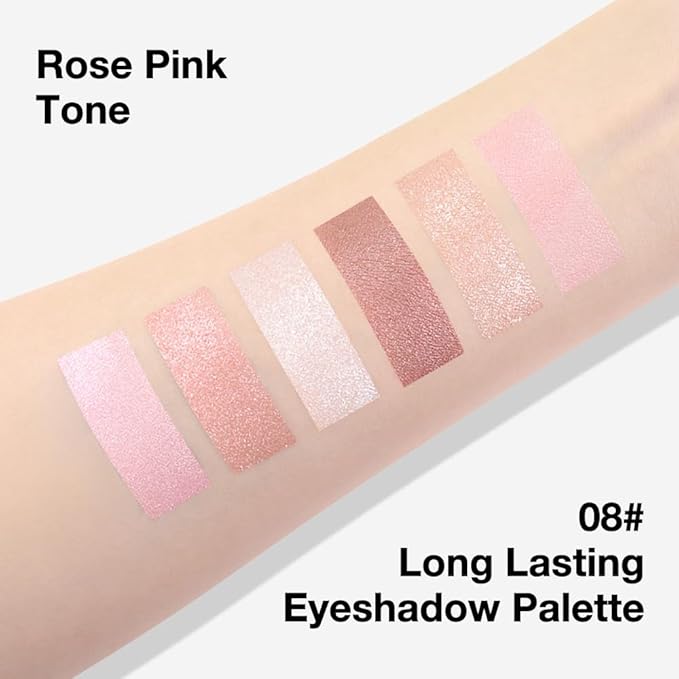 evpct 6 Colors Travel Eye Shadow Palette Makeup, Light Baby Pink Champagne Mink Mauve Pearl White Rose Shimmer Glitter Sparkly High Pigment Mini Eyeshadow Palette for Older Women, Built in Mirror