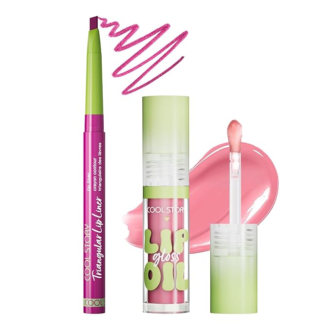 Purple Lip Liner Pink Lip Oil Gloss Click Clear Shimmer, Long Wear Makeup Fat Oil Set With Natural Oils for Nourishment, Moisturizing Lip Lipstick Gloss Lip Liner Pencil Combo Set