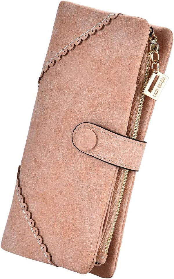 Women's Genuine Leather Bifold Clutch Wallet Large Capacity Card Organizer with Buckle Closure in Candy Colors (Pink)