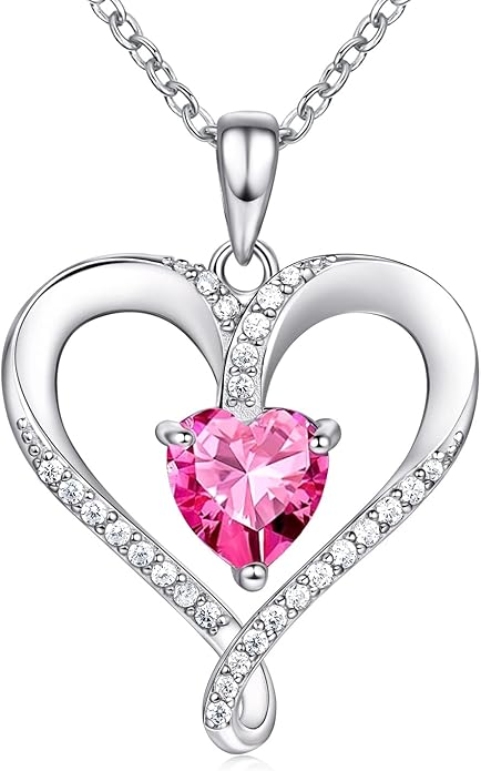 Birthstone Necklace for Women, 18K White Gold Heart Necklace Filled 925 Sterling Silver, Diamond Womens Jewelry Christmas Gifts for Women Wife
