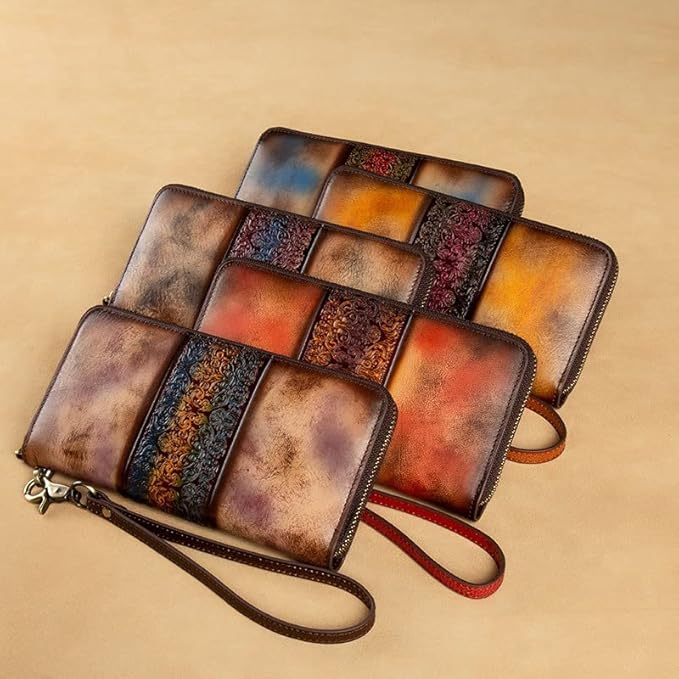 Women's cowhide leather zipper wallet retro carved multi-layer handbag design (Retro Purple Blue)