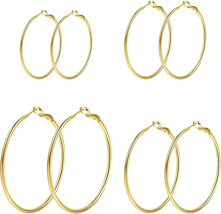 4/5/6 Pairs Stainless Steel 30/40/50/60/70 mm Silver 14K Gold Hoop Earrings for Women Hypoallergenic Big Thin Lightweight Dangle Set