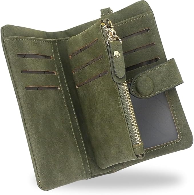 Women's Leather Wristlet Wallet, Bifold RFID Purse with ID Window, Zipper Coin Pocket for Daily Essentials (Olive green)