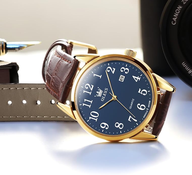 OLEVS Mens Watches Vintage Leather Band Dress Classic Easy Reader Arabic Numerals Analog Quartz Waterproof Date and Day Blue/Black/White Large Face Men's Wrist Watches