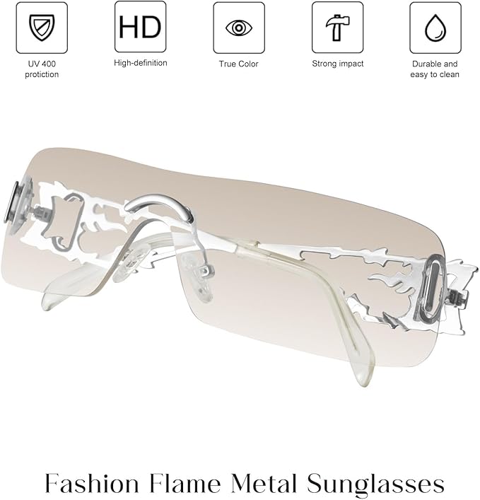 mosanana Y2K Rhinestone Flame Rectangle Sunglasses for Women with Bling Glitter MS52350