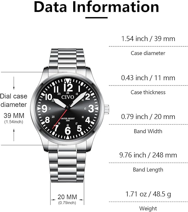 CIVO Analog Wrist Watches for Men: Waterproof Stainless Steel Mens Watches - Silver Watch with Easy Read Dial Men's Watch for Gift