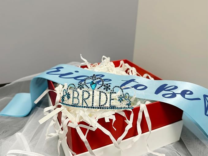 JETKONG 3 Pcs Bachelorette Party Decorations "BRIDE" Crown, Bride to Be Sash&Veil for Women Bachelorette Party Gifts, Bridal Shower Supplies, Gifts, Favors (Light Blue)