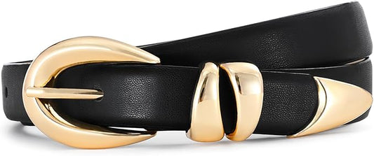 Belts for Women with Gold Buckle – Adjustable Black leather Belt for Jeans, Dress, Pants
