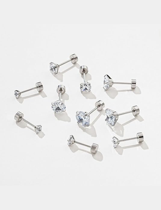 Kainier Women's 14K Gold Plated CZ Stud Earrings Simulated Diamond Round Cubic Zirconia Ear Stud Set（5 Pairs)…