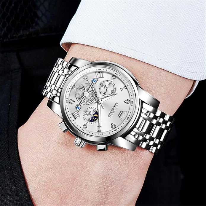 OLEVS Watches Men Waterproof Luxury Big Face Mens Watch Stainless Steel Quartz Analog Dress Watches for Men Luminous Multifunction Man Watch Relojes De Hombre