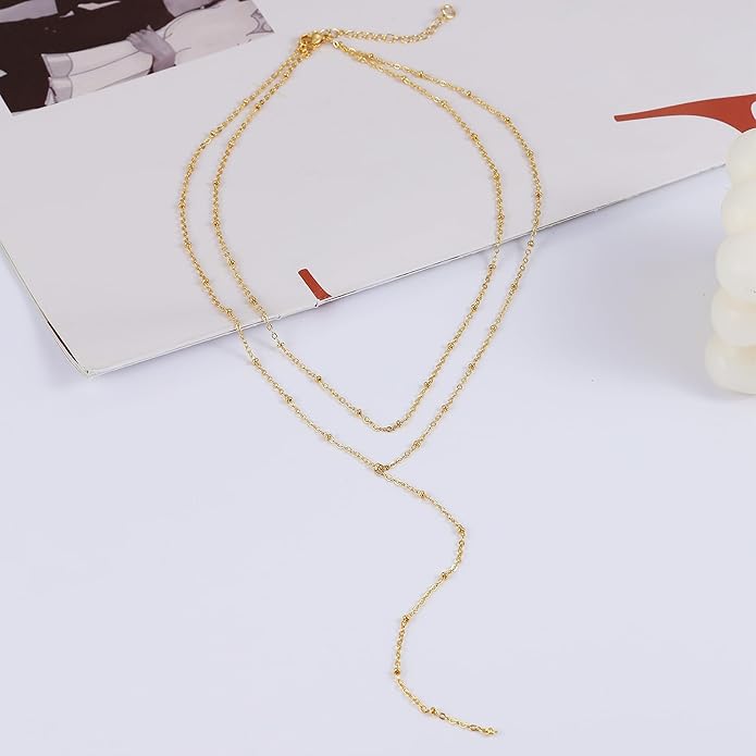 Foxgirl Lariat Gold Necklace for Women, Dainty Long Necklace 14k Gold Plated/Silver Y-Shaped Pendant Necklace Trendy Layered Cz Beaded Chain Drop Necklaces Simple Gold Jewelry For Women Gift