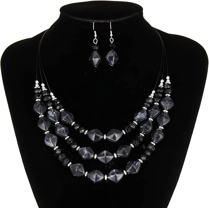 3 Layered Chunky Statement Necklace for Women Beaded Strand Necklaces with Earring Fashion Costumes Collar Necklace Jewelry Sets Gifts for Women
