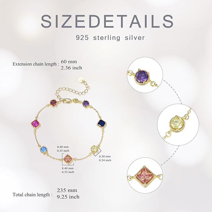 Birthstone Bracelet for Women, 925 Sterling Silver Plated 18k Gold Round/Square-Cut 5A Colored Cubic Zirconia Bracelet, Exquisite Jewelry Anniversary Birthday Gift for Wife Mother 7+2 "