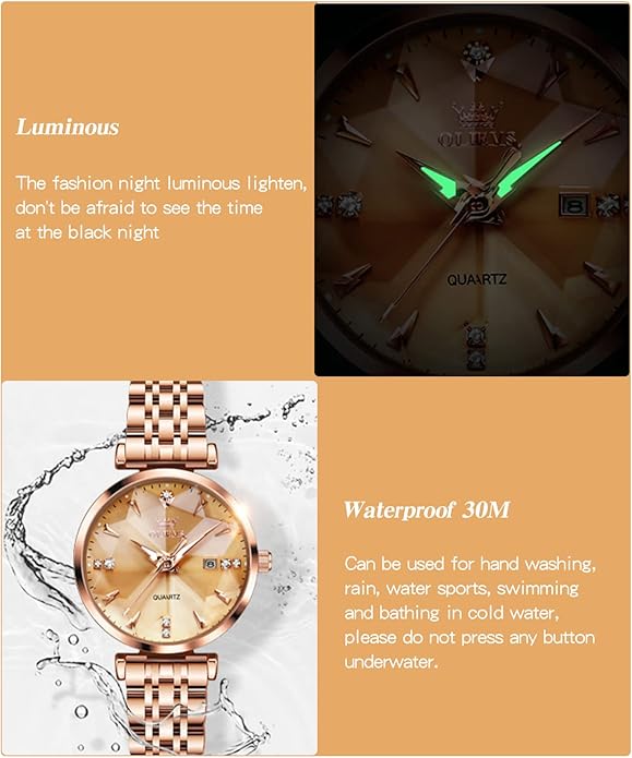 OLEVS Women Watches Simple Dress Ladies Watch Rose Gold Stainless Steel Watch Waterproof Quartz Date Luxury Diamond Small Wristwatch Fashion Analog Female Reloj Mujer Blue White Green Red Yellow Face