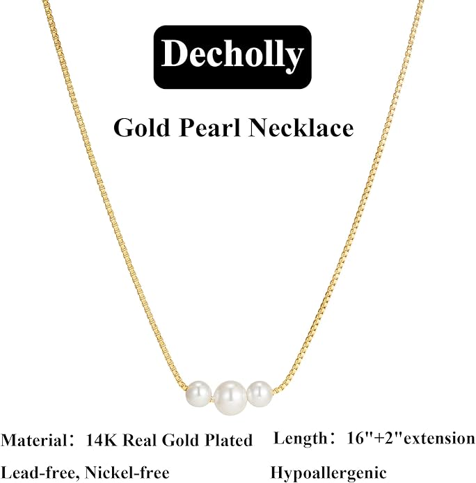 Valentines Day Gifts for Her - 14K Gold Plated Pearl Necklaces for Women Trendy Dainty Necklace Simple Layered Pearl Necklaces for Women Trendy Wedding Birthday Valentines Jewelry