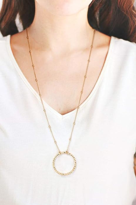 SOFYBJA 18K Gold Plated Circle Pendant Necklace Long Satellite Beaded Chain Jewelry for Women Dainty Hammered Karma Open Circle Charm Geometric Necklace
