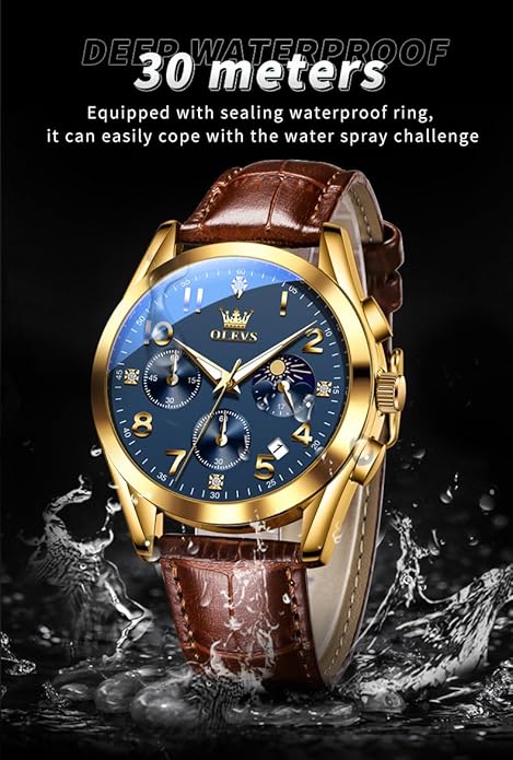 OLEVS Men's Watches Brown Leather with Date,Casual Watches for Men,Large Face Watches Men,Chronograph Mens Watch,Sport Waterproof Business Dress Analog Quartz Men's Wrist Watches Reloj De Hombre
