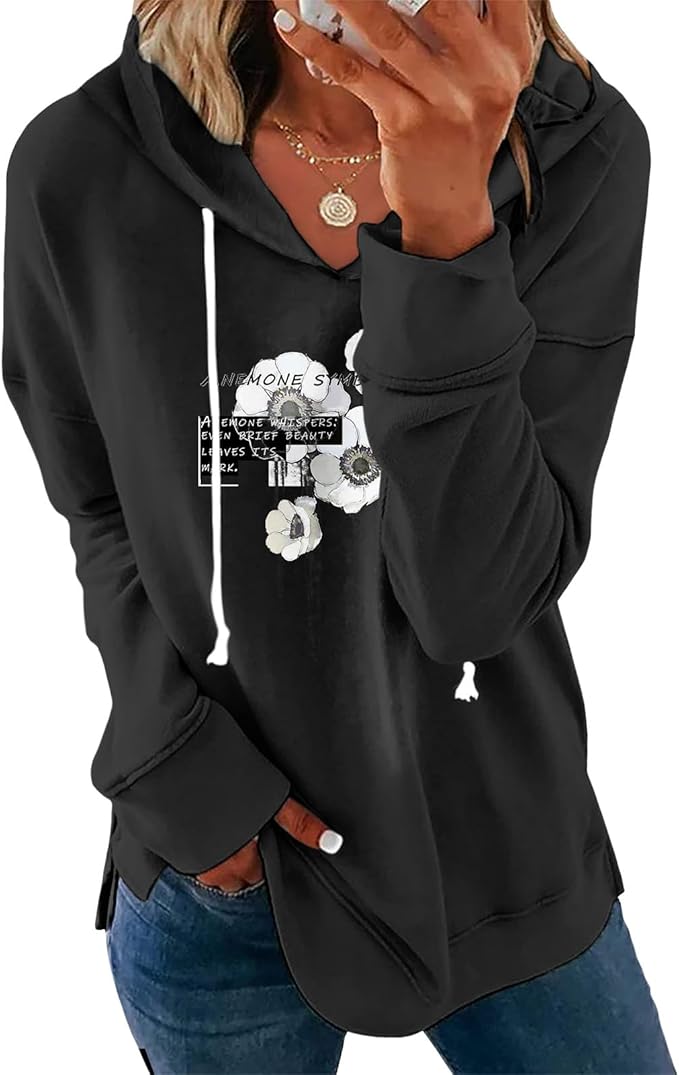 Womens Casual Loose Fit Pullover Sweatshirt with Artistic Print Drawstring Hood Long Sleeve Cotton Blend for Fall