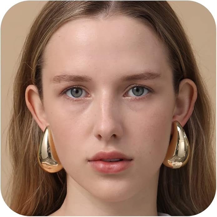 Apsvo Chunky 14K Gold Plated Hoop Earrings for Women, Lightweight Waterdrop Hollow Open Hoops, Hypoallergenic Dupes Earrings