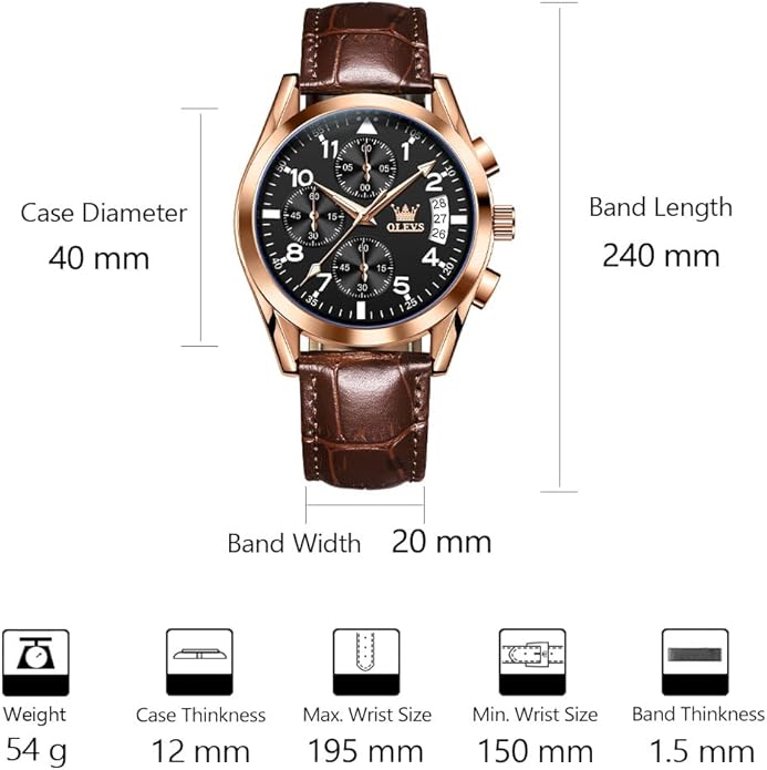 OLEVS Men's Casual Leather Watch, Big Face Chronograph Watch for Men, Fashion Easy to Read Dress Watch, Men's Waterproof Luminous Date Analog Watch, Gold/Black/White/Blue Dial