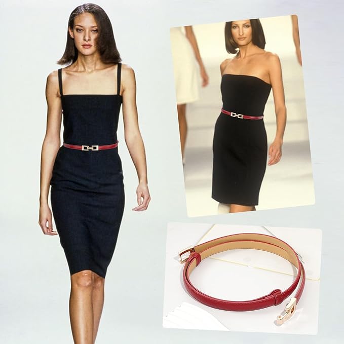 Glamorstar Skinny Belts for Women Thin PU Leather Waist Belt with Gold Buckle for Dresses