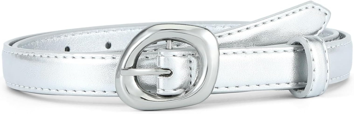 Thin Belt for Women Jeans Faux Leather Ladies Skinny Waist Belts for Dresses Pants with Trendy Gold/Silver Buckle