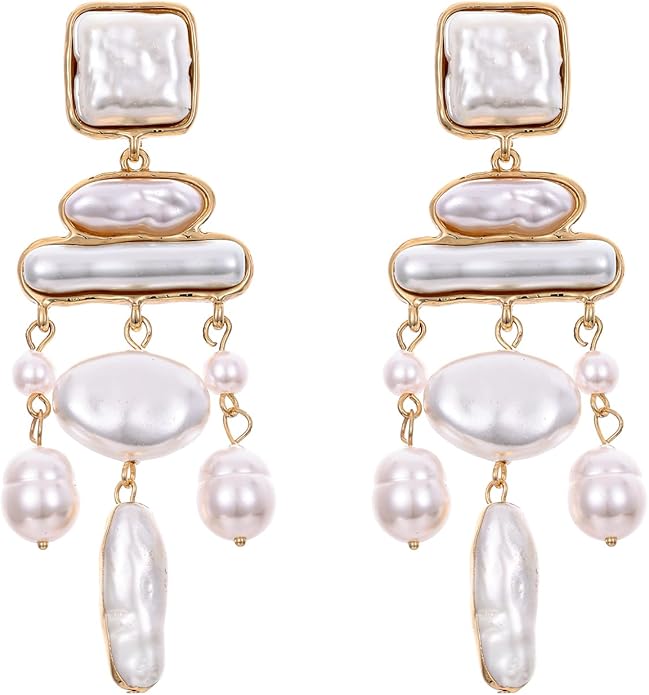 Statement Pearl Dangle Earrings,Gold and Large Pearl,Luxury Chandelier Organic Style Earrings
