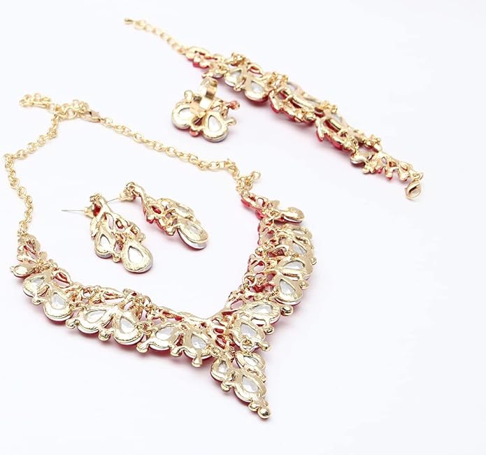 Jewelry Set for Women, Statement Necklace Dangle Earrings Bracelet Ring, White/KC Gold Plated Jewelry Set with Rhinestone Pearl Crystal Wedding Party Jewelry for Bridal Bridesmaid