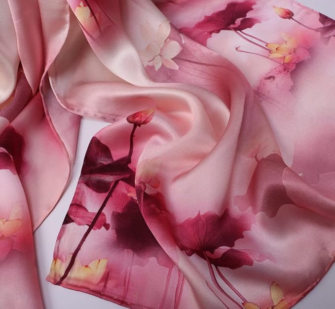 100% Mulberry Silk Scarfs for Women Floral Print Satin Long Scarf for Headscarf Hair Wraps Shawl with Gift Packed