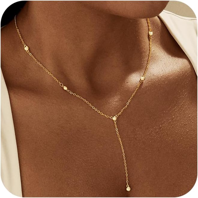 Long Gold Necklace for Women Trendy, Dainty Layered Lariat Necklace 14k Gold Plated Silver Y Shaped Beaded Chain Non Tarnish Drop Necklaces Simple Adjustable Jewelry Gift