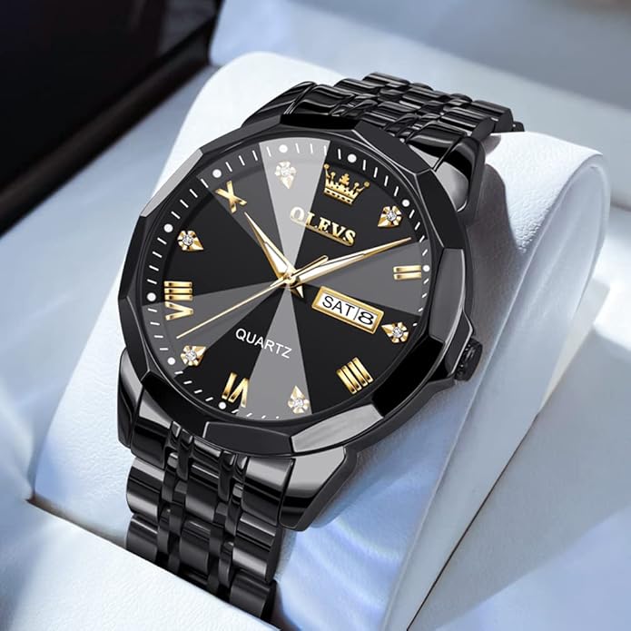 Men's Casual Stainless Steel Watch, Big Face Easy to Read Analog Quartz Watch with Day and Date, Classic Waterproof Diamond Roman Arabic Numerals Dial Dress Watch for Men, Gold Silver Black Band