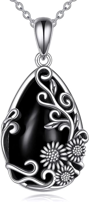 YFN Black Obsidian/Moonstone/Turquoise/Moss Agate Sunflower Filigree Teardrop Pendant Necklace Jewelry for Women - 925 Sterling Silver