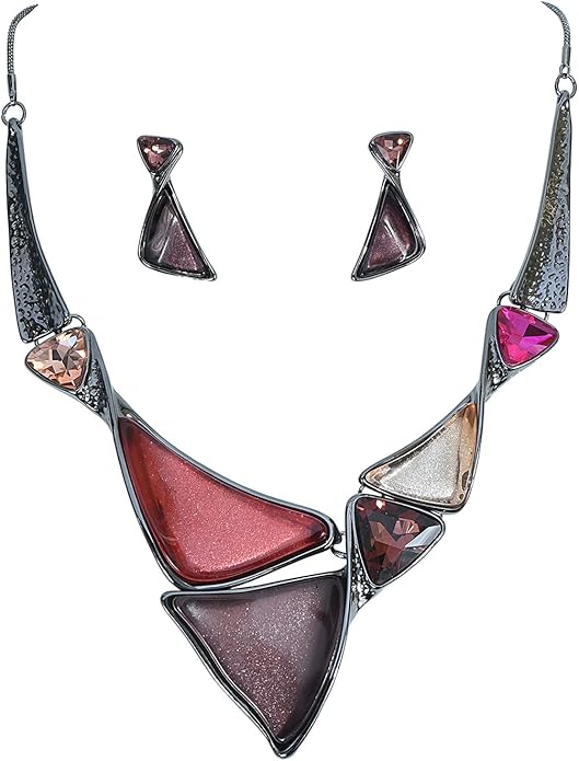 Irregular Enamel Triangle Shape Collar Bib Statement Necklace Earrings Set Women Bridal Jewelry