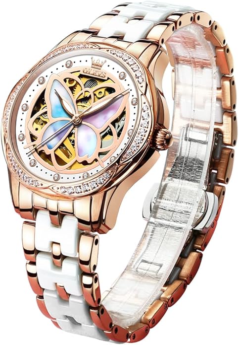 OLEVS Womens Automatic Watch, Premium Large Face Diamond Accented Self Winding Watches for Women, Fashion Waterproof Ladies Dress Watch, Two Tone Stainless Steel Ceramic Bracelet