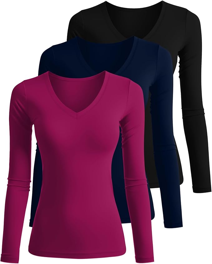 Ficerd 3 Pack Women's Long Sleeve Shirts, V Neck Basic Tees Slim Fitted Casual Fall Tops Going Out Blouses T Shirts