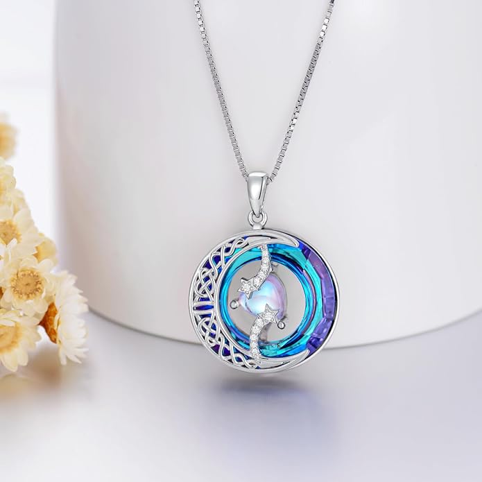TOUPOP Birthstone Necklace 925 Sterling Silver Moon and Star Pendant with Blue Crystal Celtic Moon Jewelry Birthday Valentines Day Gifts for Women Mom Wife Her