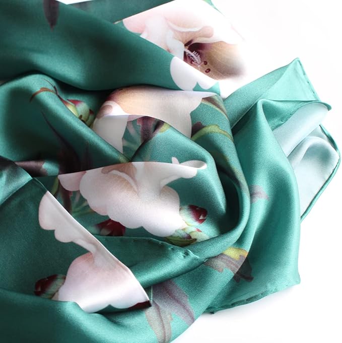 100% Mulberry Silk Scarfs for Women Floral Print Satin Long Scarf for Headscarf Hair Wraps Shawl with Gift Packed