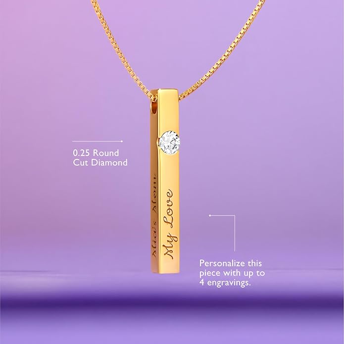 OAK & LUNA - Personalized Pillar Bar Necklace with Diamond Options - Custom Inscription Engraved Pendant - Up to 4 Names - Jewelry Gift for Women, Her, Mother For Mother's Day, Christmas