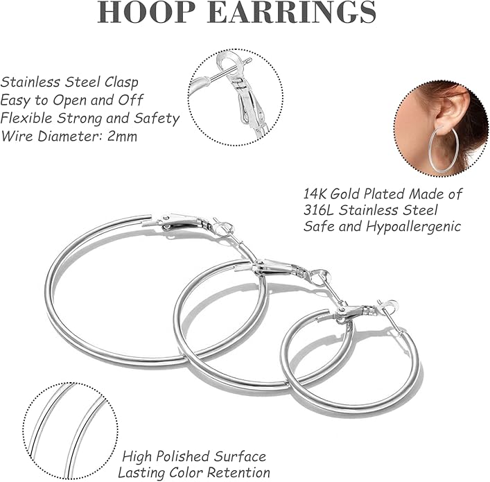 4/5/6 Pairs Stainless Steel 30/40/50/60/70 mm Silver 14K Gold Hoop Earrings for Women Hypoallergenic Big Thin Lightweight Dangle Set