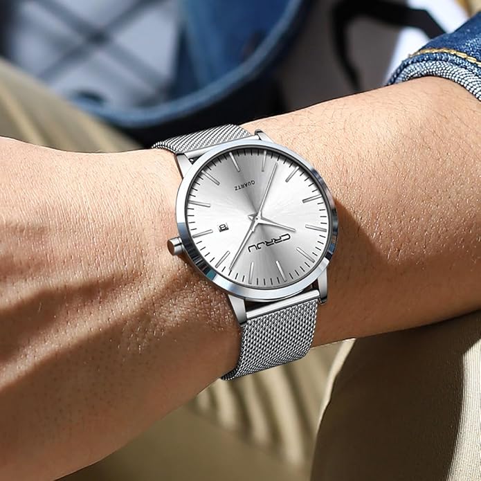 CRRJU Men's Minimalist Casual Luxury Auto Date Watches Fashion Business Japan Movement Quartz Waterproof Wristwatches for Men Stainsteel Steel Band Watch
