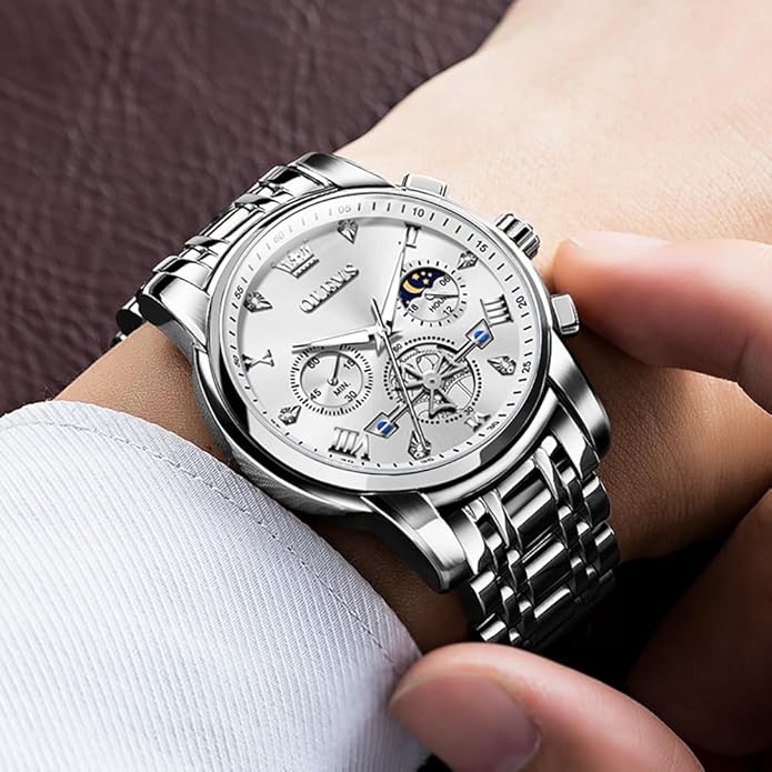 OLEVS Men Silver Watches,Men's Stainless Steel Chronograph Watch,Man Analog Quartz Big Face Male Watches Luxury Waterproof Roman Numeral Dress Diamond Relojes para Hombre