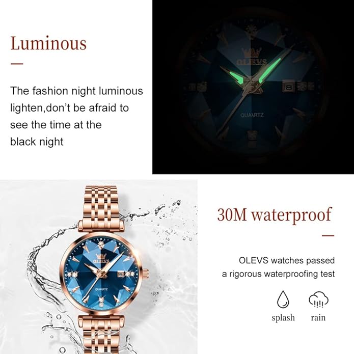OLEVS Women Watches Simple Dress Ladies Watch Rose Gold Stainless Steel Watch Waterproof Quartz Date Luxury Diamond Small Wristwatch Fashion Analog Female Reloj Mujer Blue White Green Red Yellow Face