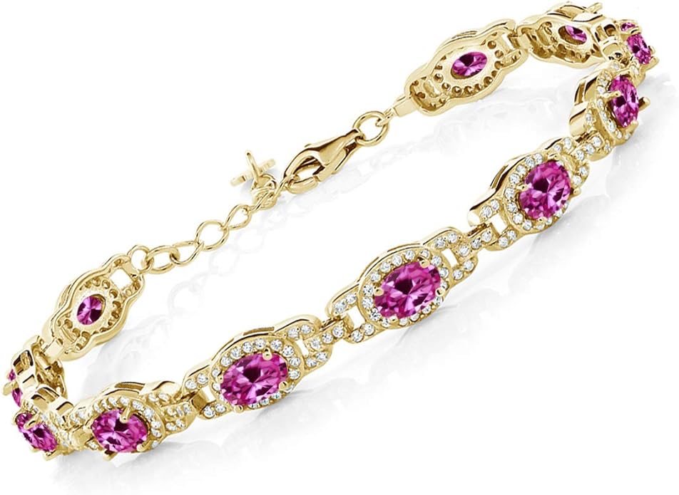 Gem Stone King 18K Yellow Gold Plated Silver Oval Gemstone Birthstone Tennis Bracelet For Women | Oval 6X4MM | 7 Inch With 1 Inch Extender | Fine Jewelry Gifts for Her Mom Women Wife