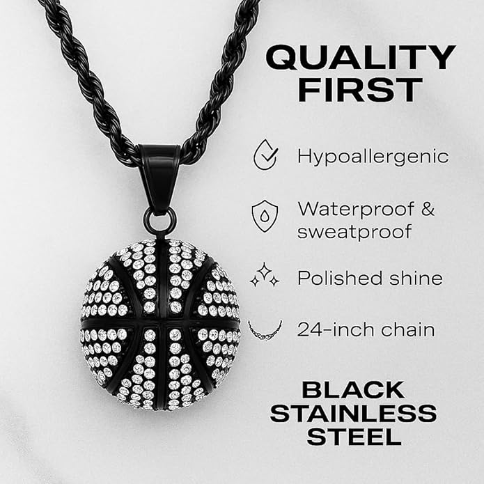 Basketball Necklace - 18K Plated Basketball Chain with Hoop for Men, Women, Teens - Gold, Silver & Black Color Options - Stainless Steel Sports Pendant with Simulated Diamond CZ Stones