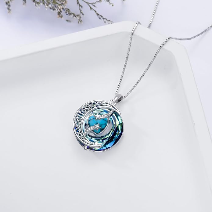 TOUPOP Birthstone Necklace 925 Sterling Silver Moon and Star Pendant with Blue Crystal Celtic Moon Jewelry Birthday Valentines Day Gifts for Women Mom Wife Her