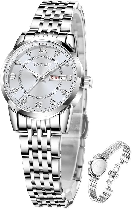 Womens Watch Fashion Dress Waterproof Silver Watches for Women Casual Easy Read Quartz Analog Women's Watch Two Tone Stainless Steel Ladies Watches with Day Date