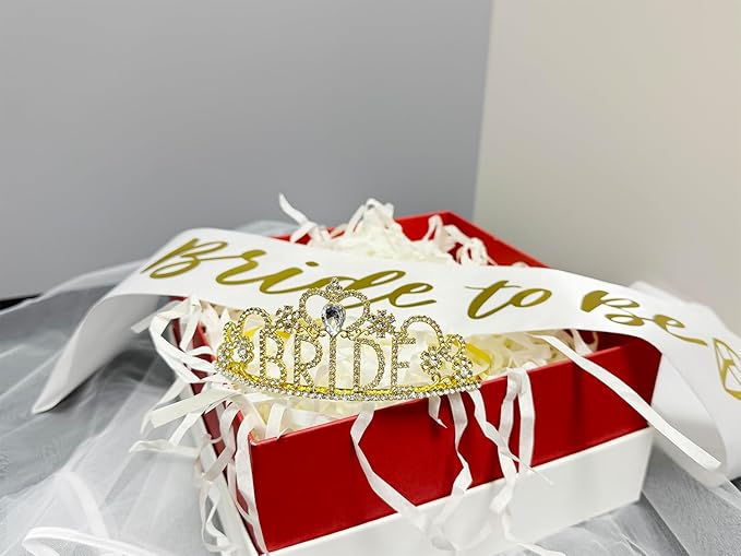 JETKONG 3 Pcs Bachelorette Party Decorations BRIDE Crown, Bride to Be Sash&Veil for Women Bachelorette Party Gifts, Bridal Shower Supplies, Gifts, Favors (Gold)