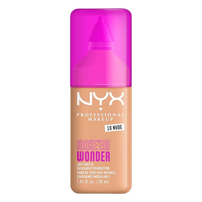 NYX PROFESSIONAL MAKEUP Make 'Em Wonder Liquid Foundation, 24HR Foundation Makeup With A Soft Matte Finish, Buildable Full Coverage - 10 Nude