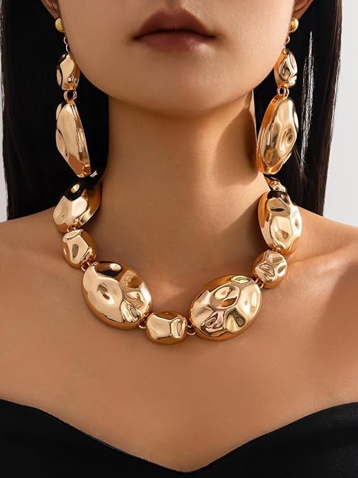 Gold Statement Necklace and Earring Set,Hammered Long Big Pendant Chunky Necklaces and Earrings Extra Large Long Accessories for Women Trendy Jewelry Set Gifts