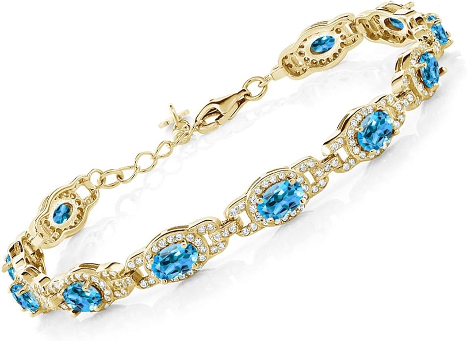 Gem Stone King 18K Yellow Gold Plated Silver Oval Gemstone Birthstone Tennis Bracelet For Women | Oval 6X4MM | 7 Inch With 1 Inch Extender | Fine Jewelry Gifts for Her Mom Women Wife